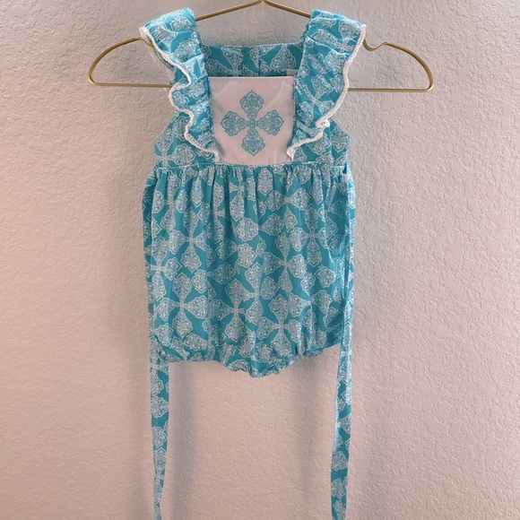 Smocked Sweets 2T Bubble Romper Turquoise Blue White Embroidered Cross - Picture 7 of 11